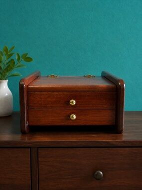 Vintage Heavy Wood Hinged Top One Drawer Cache Trinket Box